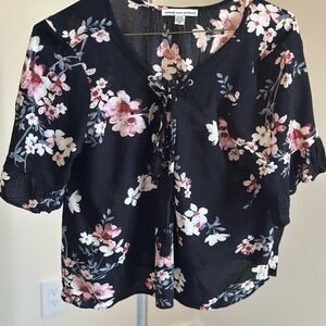 American Eagle Outfitters Black Top with Pink and White Floral Pattern
